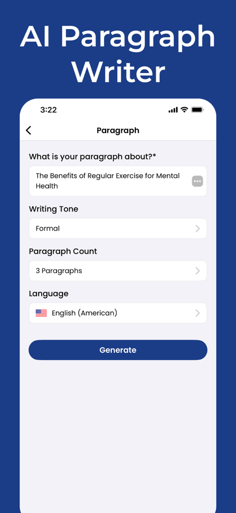 Essay Writer - PenPilot - Interfaz del escritor de párrafos con IA de PenPilot que muestra opciones personalizadas para tema y tono