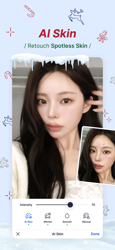 A before and after comparison of a woman face using the SnapEdit AI Skin feature to retouch and smooth skin