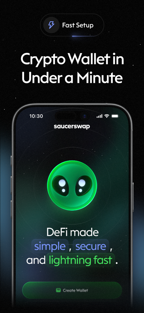 SaucerSwap: Hedera Wallet - SaucerSwap Hedera Wallet onboarding screen featuring a green alien icon and a create wallet button.