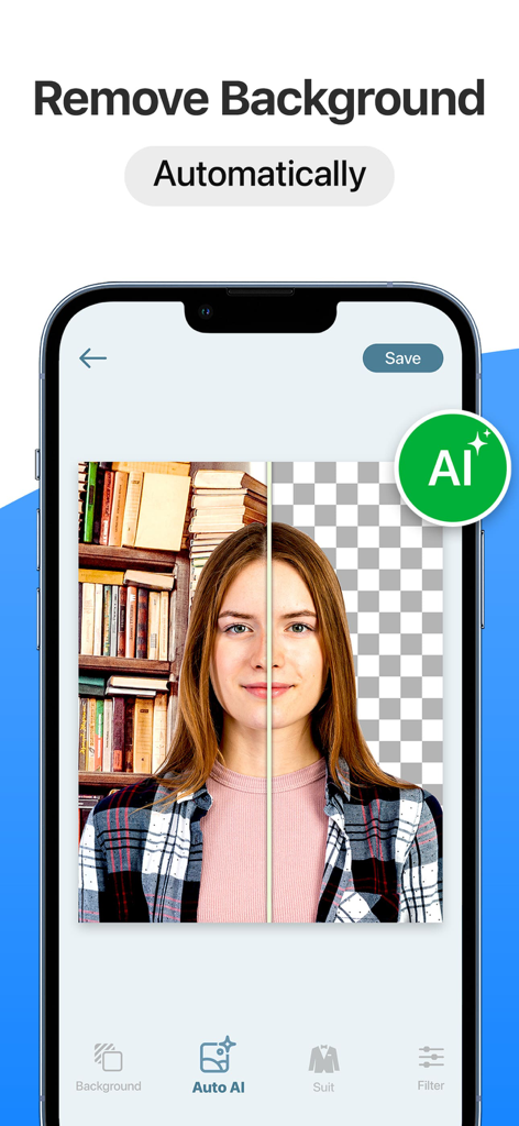 Passport Size Photo Maker App - Before and after comparison of automatic AI background removal for a professional passport photo