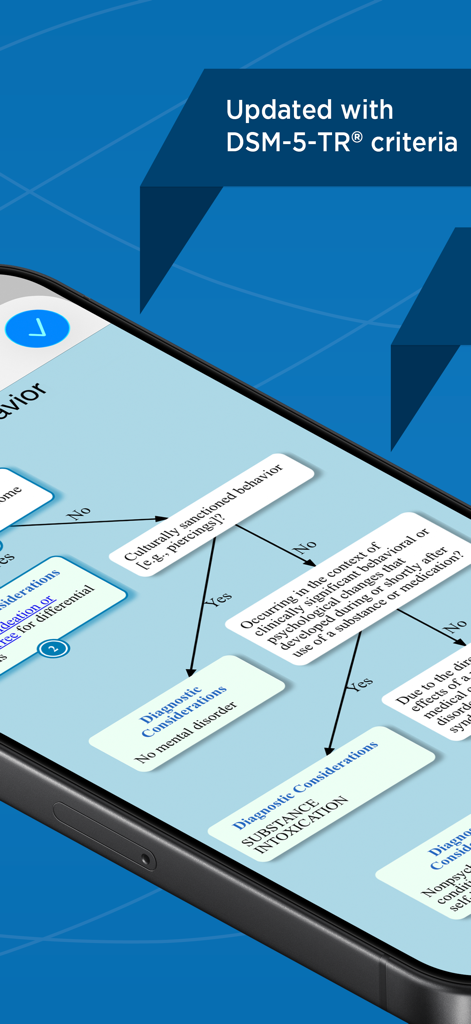 Mobile app interface showing an interactive clinical decision tree for DSM-5-TR psychiatric diagnosis.
