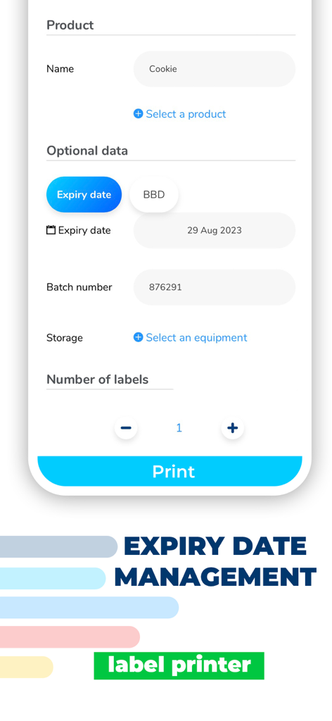 Écran de l'application mobile pour la gestion des dates de péremption et l'impression d'étiquettes pour la sécurité et la conformité