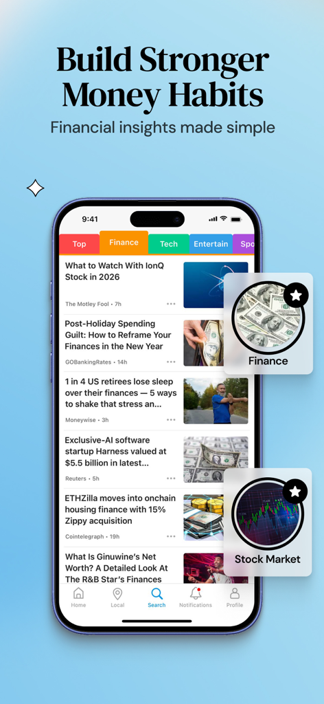 스마트폰 화면에 SmartNews 앱의 금융 섹션이 표시되고 있으며, 돈 습관 및 주식 시장 인사이트에 대한 기사가 포함되어 있습니다.