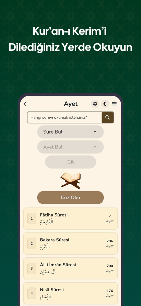Ayet Online – Kur’an-ı Kerim - Pantalla de la aplicación Ayet Online mostrando la selección de suras del Corán y opciones de lectura