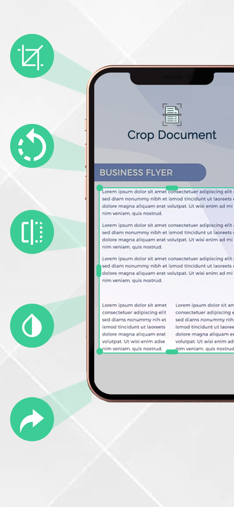 PDF Document Scanner Editor - Uma tela de smartphone mostrando a ferramenta de recorte de documento usada em um folheto comercial dentro do aplicativo PDF Document Scanner