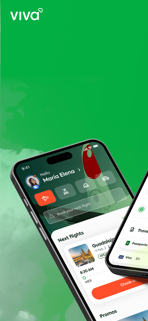 Viva Aerobus: Fly! - Pantalla del smartphone mostrando la página principal de la app Viva Aerobus con detalles del próximo vuelo y un botón de check-in