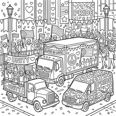 Celebrate diversity and love with this exciting coloring page featuring commercial vehicles adorned for a Pride parade. Join the festive crowd and bring this vibrant scene to life with your favorite colors.
