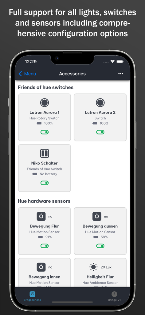 Friends of Hue 스위치 및 하드웨어 센서 관리를 보여주는 all 4 hue 앱의 인터페이스