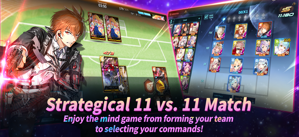 Soccer Spirits mobile game screenshot showing strategic anime soccer match gameplay and team formation interface