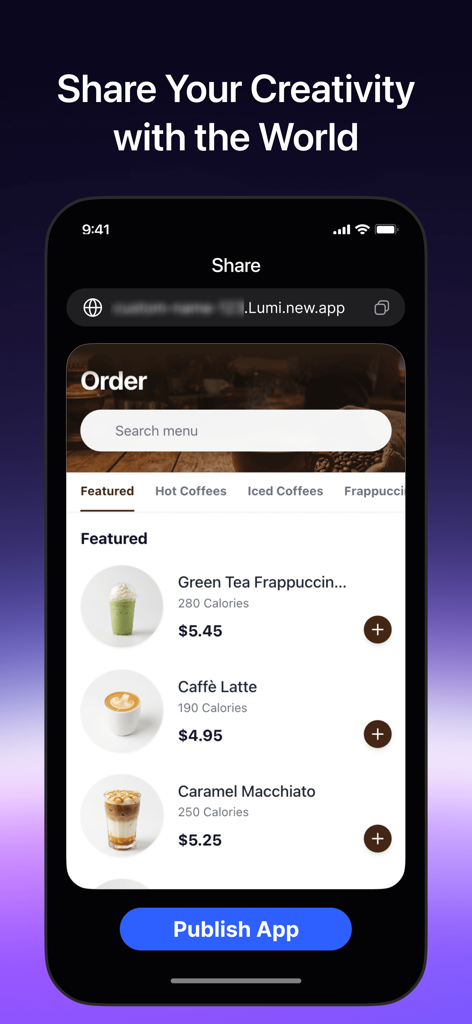 Lumi: vibe coding app - A mobile interface from the Lumi app displaying a preview of a coffee shop menu project and a publish button.