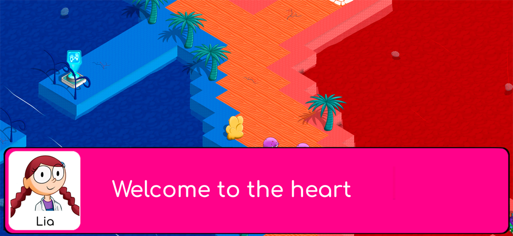 Human Body: STEM Science Games - Lia the scientist character welcoming players to the heart level in the Human Body STEM science game
