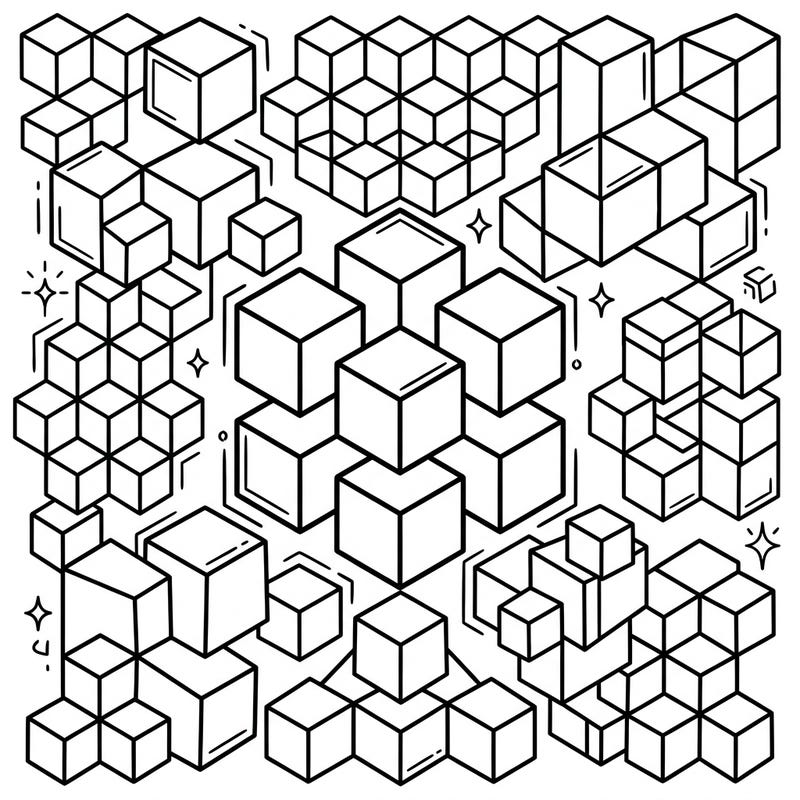 Discover an exciting array of three-dimensional cubic and geometric patterns designed to challenge your perception and ignite your artistic spark. This intricate coloring page invites you to explore depth and perspective with every shade you apply.