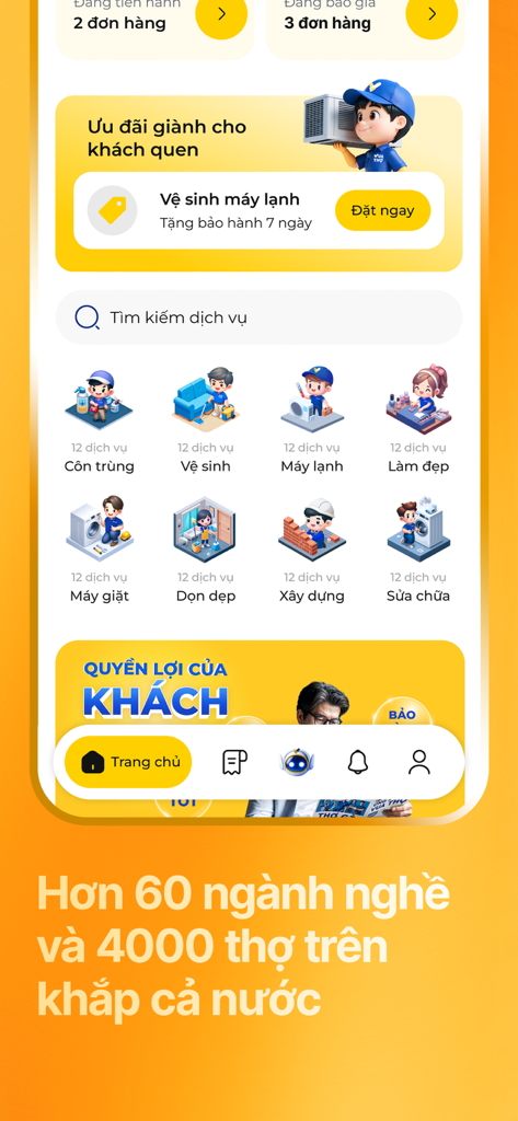 Vua Tho app home screen displaying service categories for home repairs cleaning and maintenance