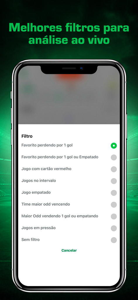 GreenScorer Analise - Interface do aplicativo GreenScorer mostrando filtros de jogos esportivos ao vivo em um smartphone
