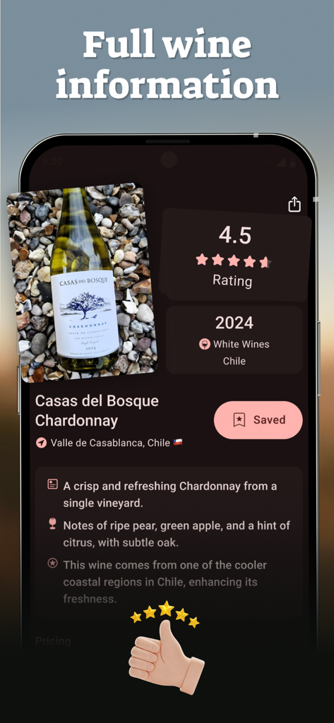 Wine ID: AI Scanner & Tracker - A mobile app screen from Wine ID showing detailed wine information including a 4.5 star rating and tasting notes for a Chilean Chardonnay