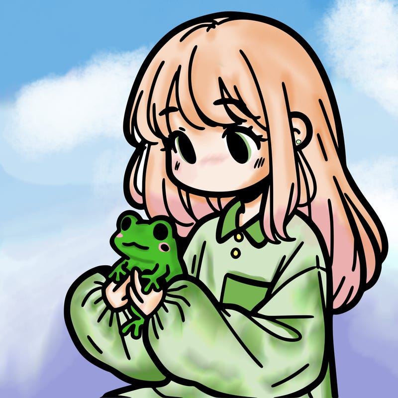 girl with long hair and a oversized shirt. and she is holding a frog