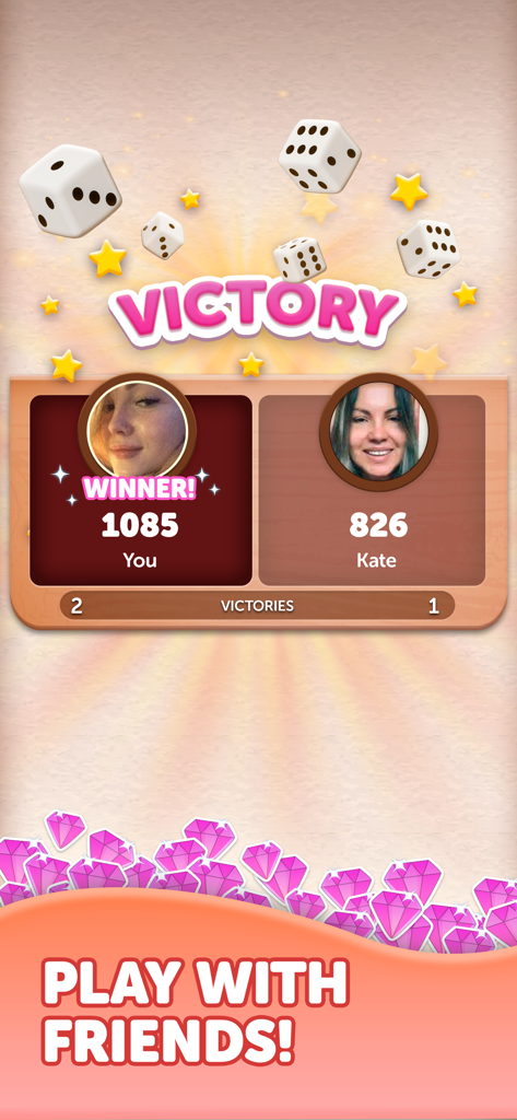 Un écran de victoire dans Farkle Dice Roll montrant un joueur remportant un match contre un ami avec les scores et des dés volants.