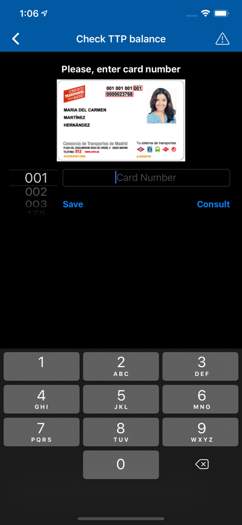 Official Metro de Madrid - Schermata nell'app Metro de Madrid per controllare il saldo di una Carta di Trasporto Pubblico inserendo il numero della carta.