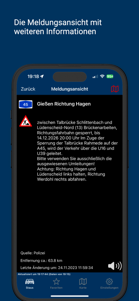 Detailed traffic report for German highway in iVerkehr Pro navigation app