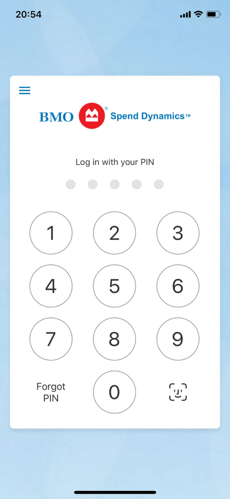 BMO Spend Dynamics app login screen with a numeric PIN pad for secure access