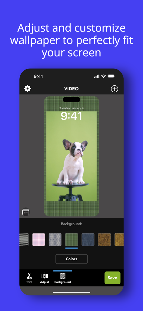 Pantalla de iPhone que muestra la interfaz de la aplicación Video Wallpaper para personalizar un fondo de pantalla de bloqueo de cachorro
