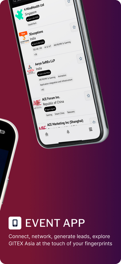 GITEX ASIA - GITEX ASIA app exhibitor list interface showing tech companies