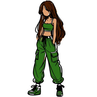 girl in baggy pants crop top and long hair