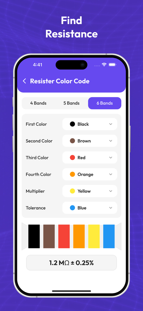 Amateur Radio Toolkit 2025 - Resistor color code calculator interface in the Amateur Radio Toolkit 2025 app