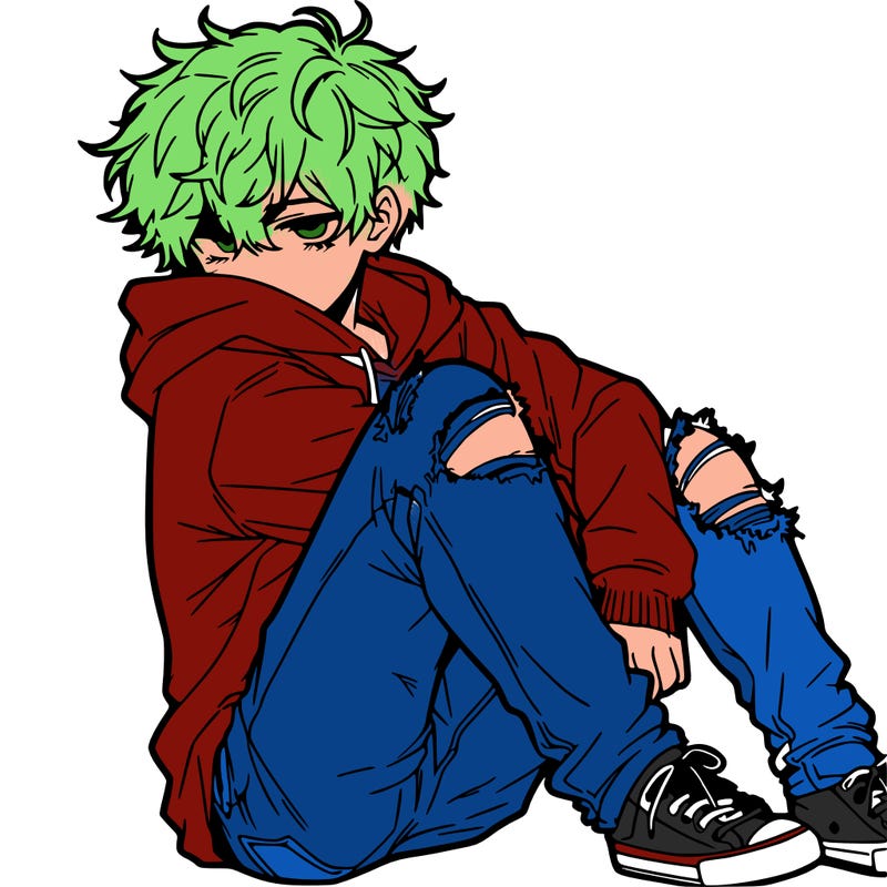 a male hoddie ripped jeans messy hair anime
