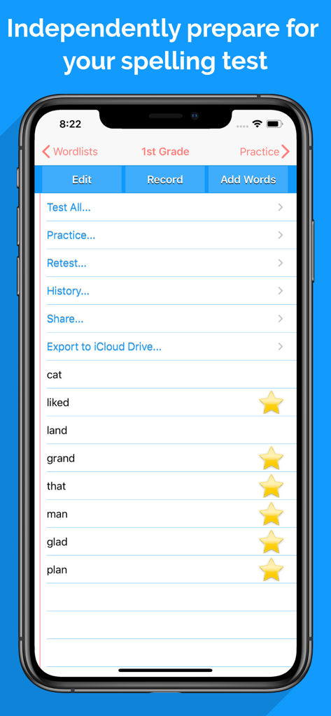 Spelling Notebook: Learn, Test - Spelling Notebook app interface displaying a first grade word list with achievement stars