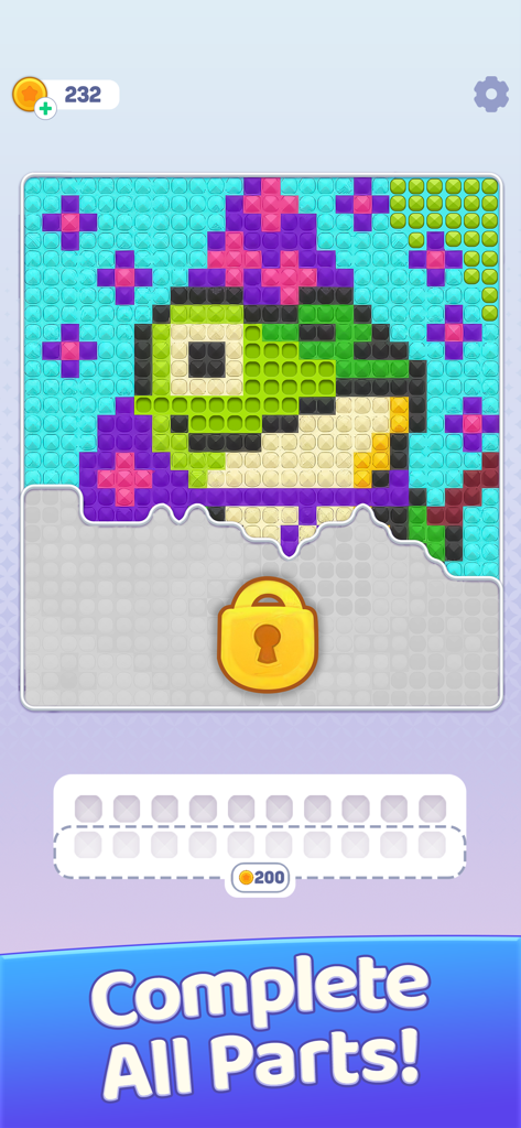 A partially finished diamond art puzzle of a bird with a party hat in the Brilliant Sort mobile game