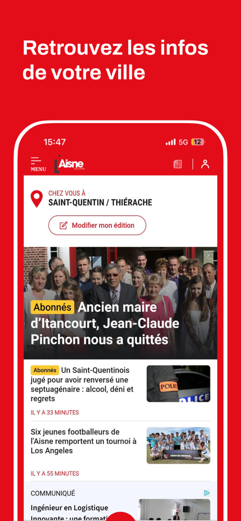 Interfaccia dell'app mobile L'Aisne Nouvelle che mostra notizie locali da Saint-Quentin e Thierache