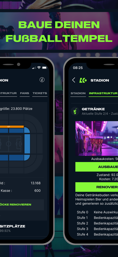 KINGS OF FOOTBALL - KoF - Interfaz de la aplicación KINGS OF FOOTBALL que muestra los planes de asientos del estadio y las opciones de gestión de infraestructuras.