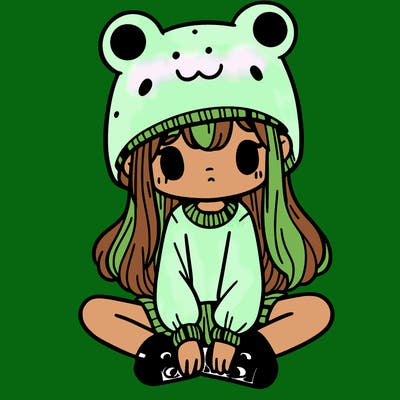 a girl wearing a frog hat and some frog socks