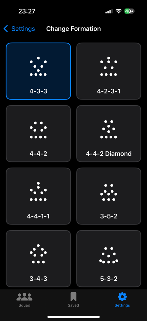 Squad11 - Lineup Builder - A screen showing various soccer formation presets like 4-3-3 and 4-4-2 in the Squad11 app