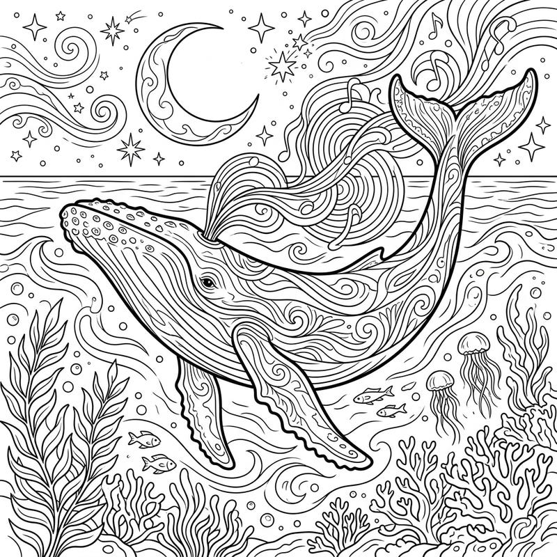 Embark on a captivating coloring journey with this majestic whale singing under a serene night sky. This intricate design combines marine wonder with celestial beauty, offering a truly enchanting experience.
