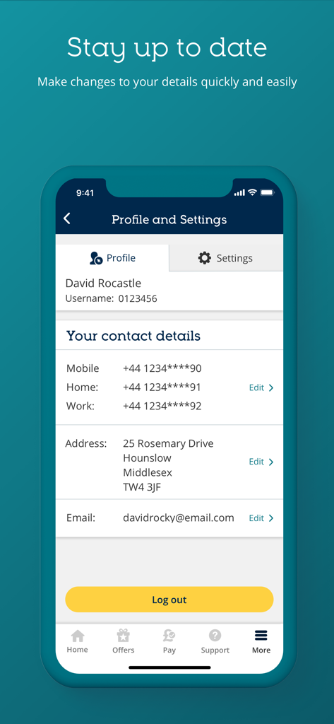 MBNA mobile app profile and settings screen showing options to update contact details like phone number and address.