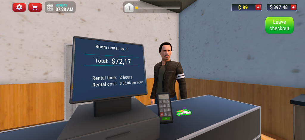 My Hotel Simulator 3D - Um hóspede em pé no balcão da recepção fazendo o check-out de um quarto de hotel em My Hotel Simulator 3D