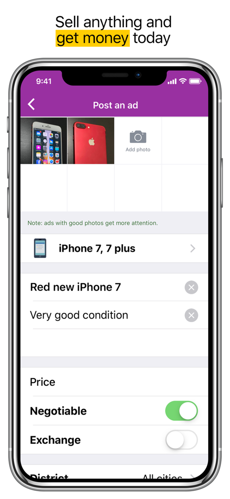 Mobile screen showing the post an ad interface on the Pin.tt app for selling an iPhone
