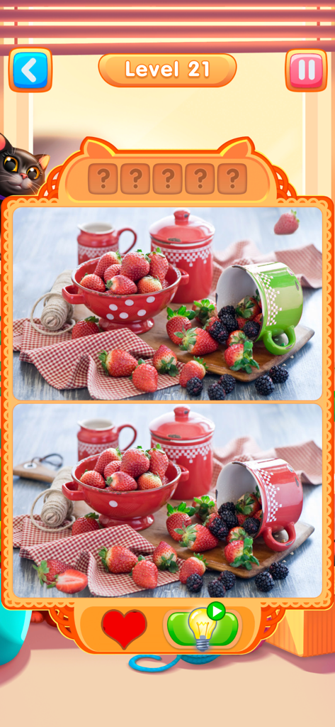 Meow - Find 5 Differences Game - Gameplay screen of Meow Find 5 Differences showing two nearly identical photos of strawberries and berries in bowls