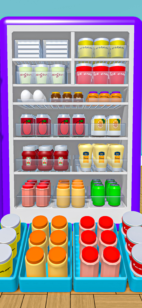 Restock & Refill Master! - A neatly organized purple refrigerator with shelves filled with color-coordinated food items and beverages