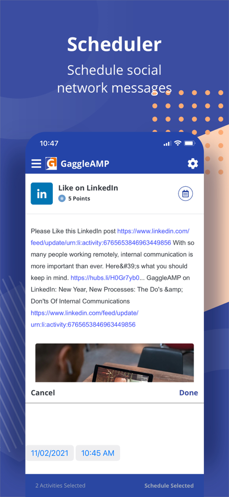 Interfaz de la aplicación GaggleAMP que muestra la función de programación de publicaciones en redes sociales para la defensa en LinkedIn