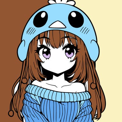anime girl with chick shaped hat with sweater with bare shoulders with bangs covering them one eye with low tail
