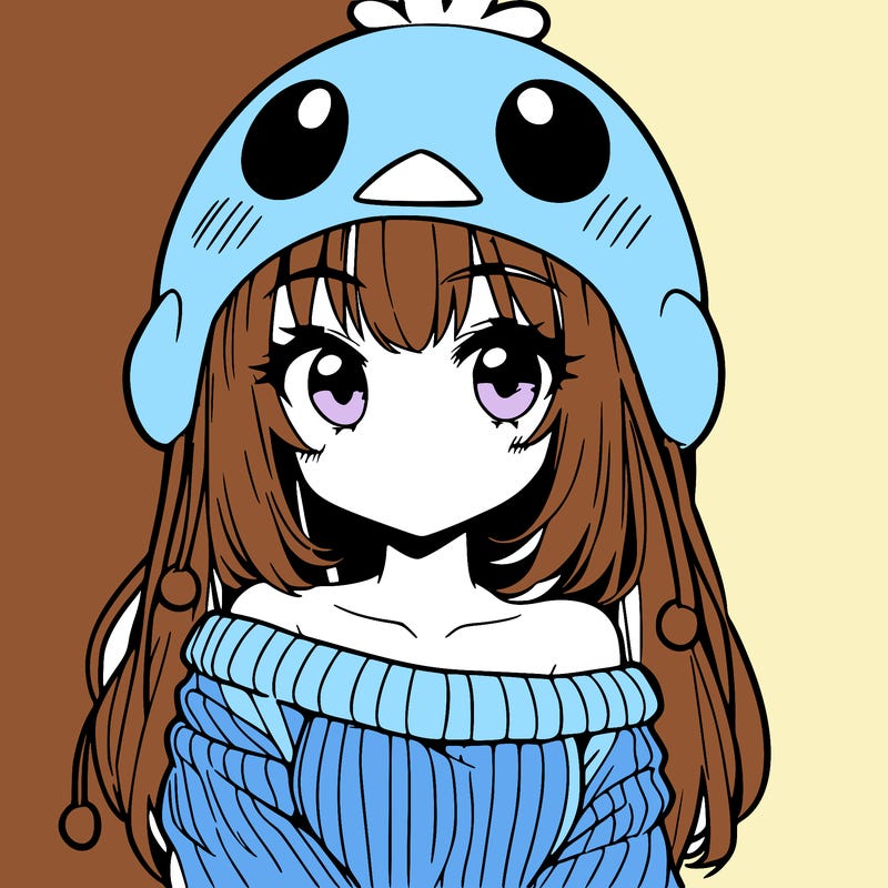 anime girl with chick shaped hat with sweater with bare shoulders with bangs covering them one eye with low tail