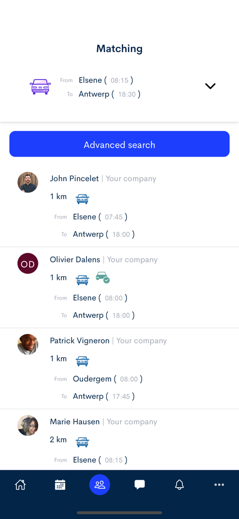 Commuty - Commuty app interface displaying a list of corporate carpool matches with employee profiles and commute times