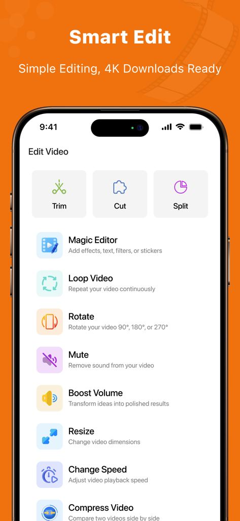 4K Video Saver - Interface of 4K Video Saver showing Smart Edit tools like trim, cut, split, and magic editor.
