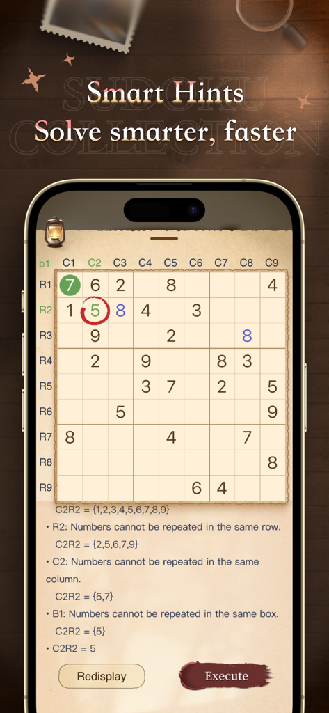 Sudoku - Retro Puzzle Games - Una pantalla móvil que muestra la función de pistas inteligentes en un juego de Sudoku retro con explicaciones de lógica.