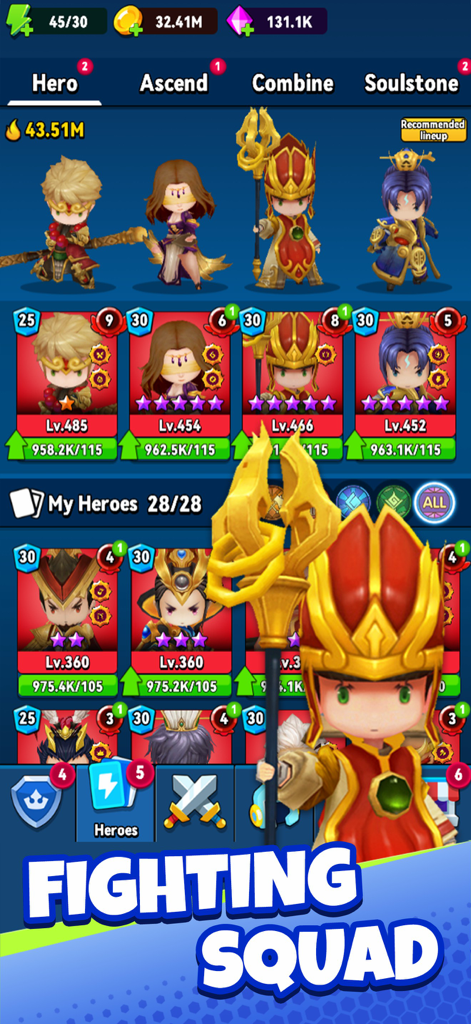 Heroes Assemble: Eternal Myths - Mobile game interface showing a lineup of leveled-up fantasy heroes in Heroes Assemble
