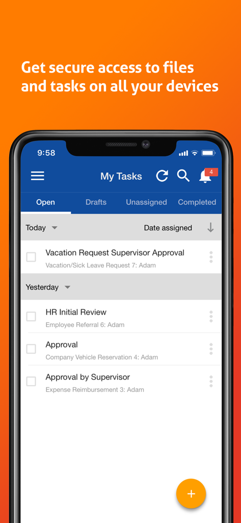 Pantalla del teléfono inteligente que muestra la interfaz del panel de tareas de la aplicación Laserfiche para aprobaciones de flujo de trabajo