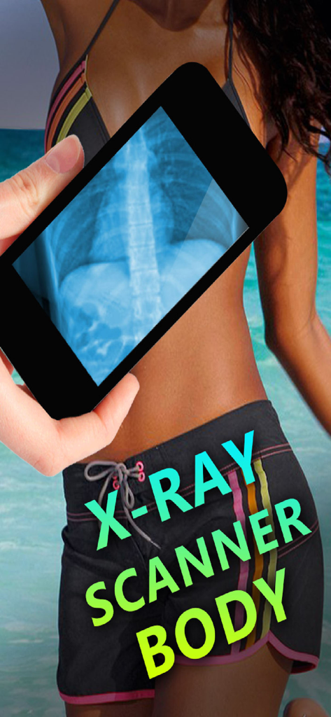 A smartphone displaying a fake xray scan of a ribcage over a person's torso